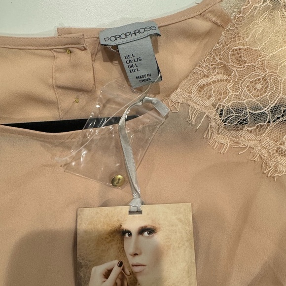 2/$20 NWT Gorgeous Paraphrase nude blouse lace shoulders button up back - Picture 8 of 8